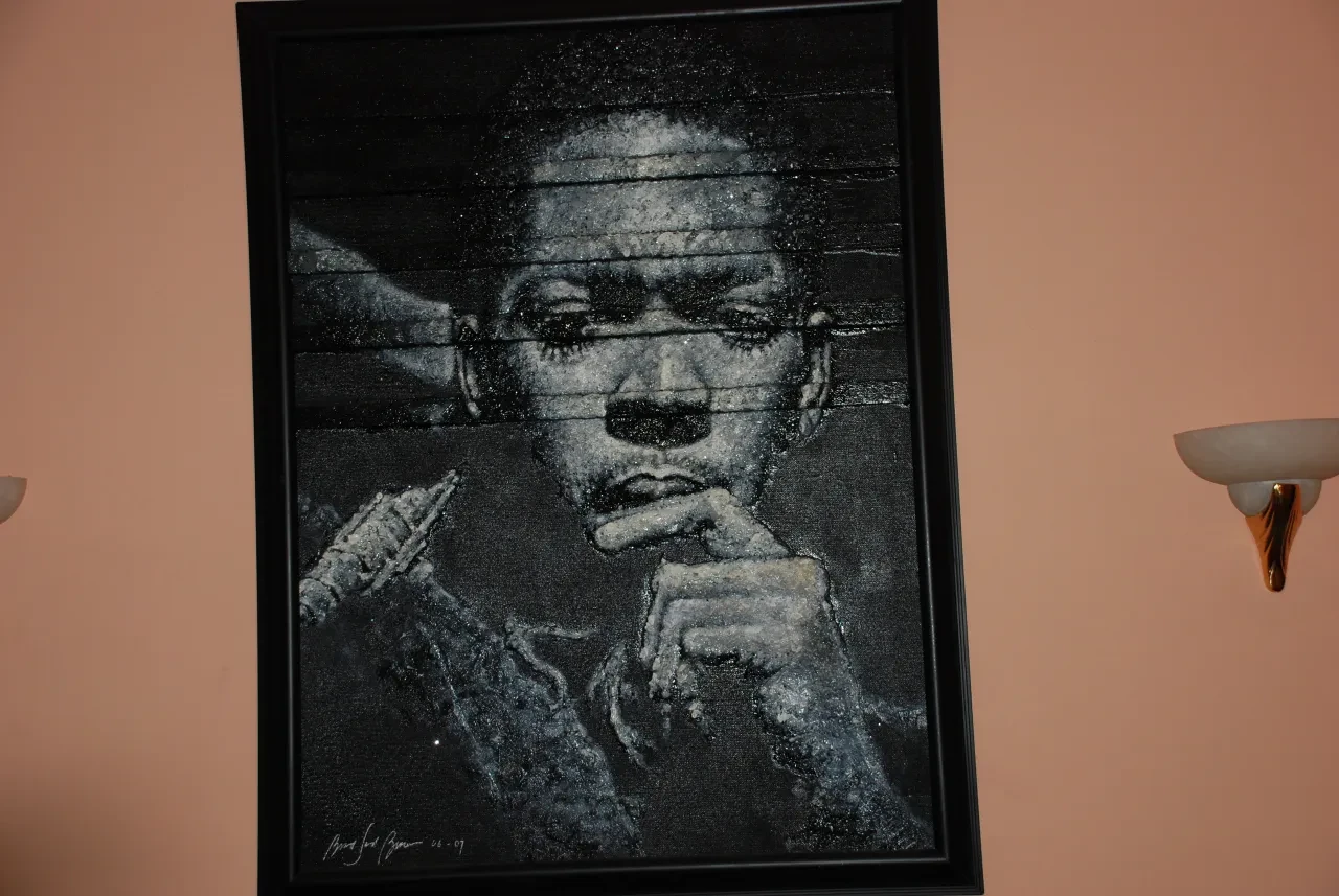 Framed black and white portrait artwork