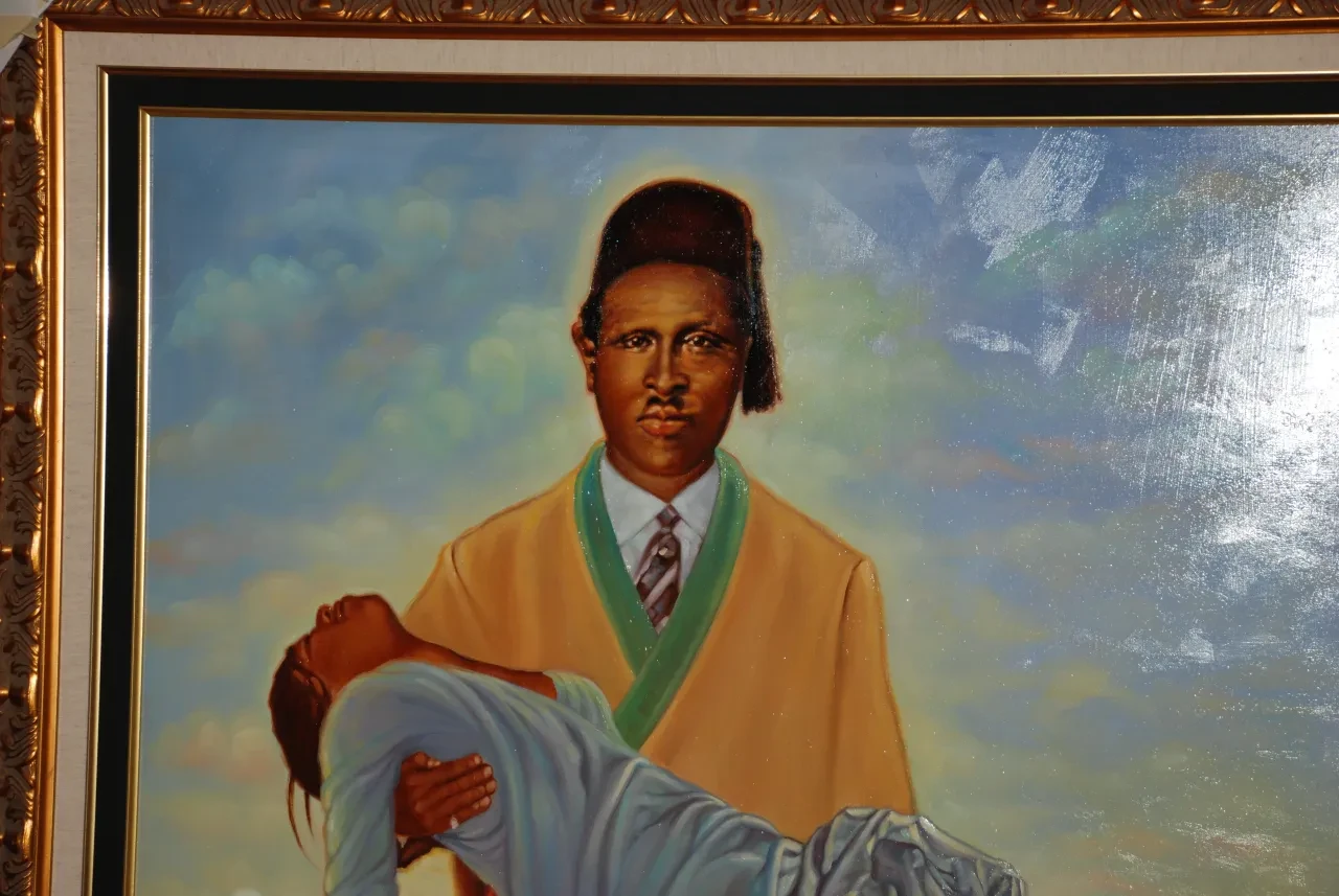 Close view of a framed ceremonial portrait painting